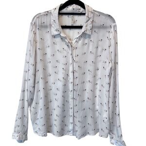 White AOP‎ Pug Dog Novelty Print Button Down Long Sleeve Shirt Blouse Large
